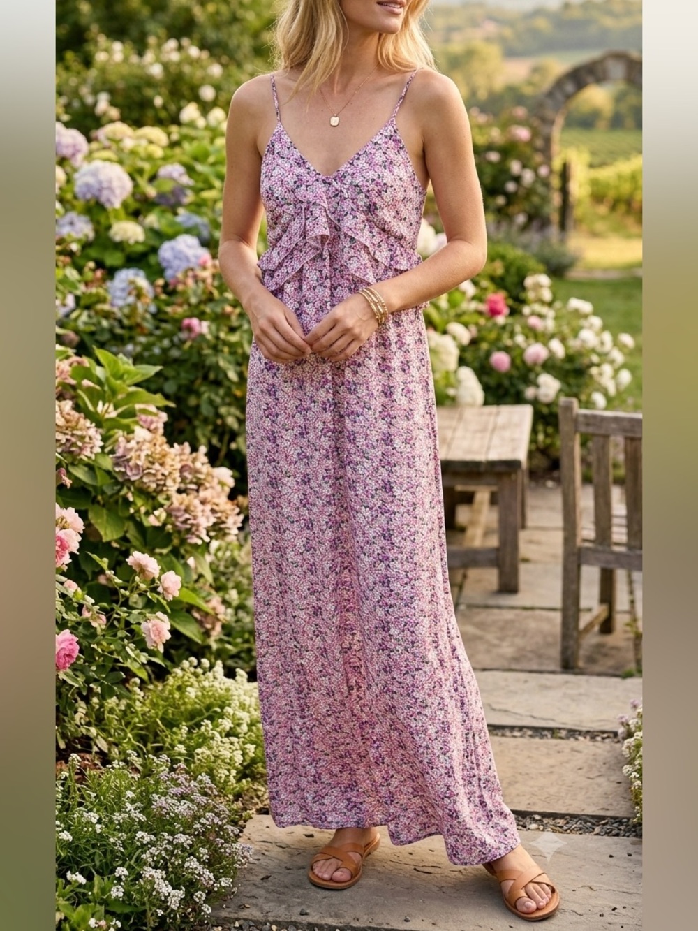 NEW Ditsy Floral Pink Maxi Dress  with Ruffle Bodice